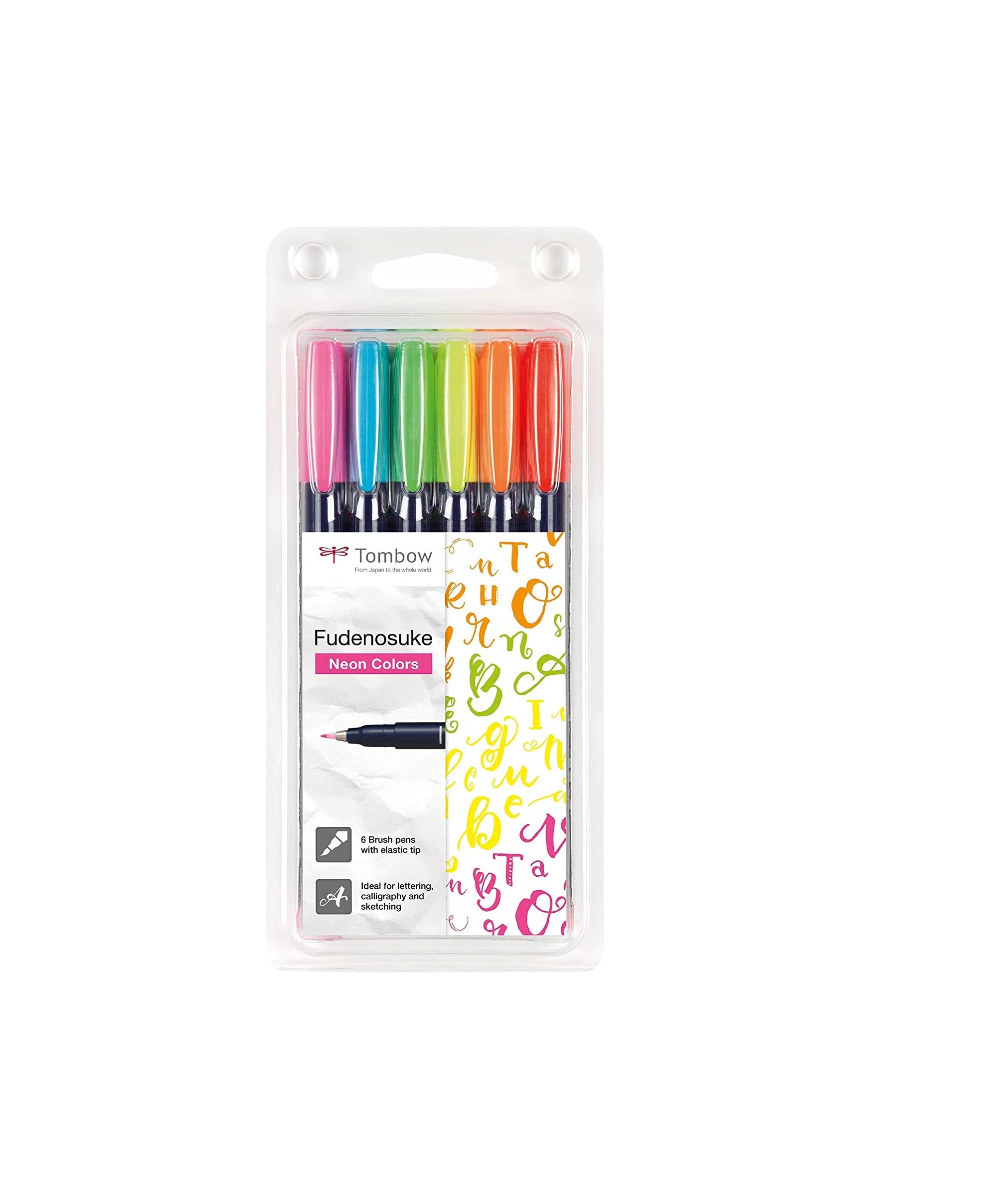 Tombow Fudenosuke Hard Tip Brush Pens (Set of 6) - Neon Colours