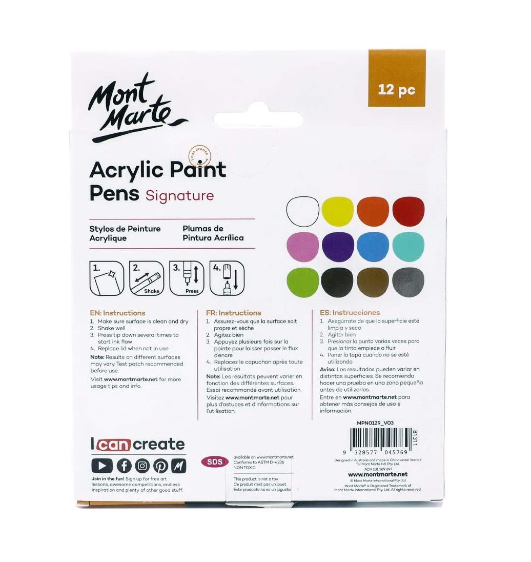 Mont Marte Signature Acrylic Paint Pens, 12 Piece, Fine Bullet Tip (1mm)