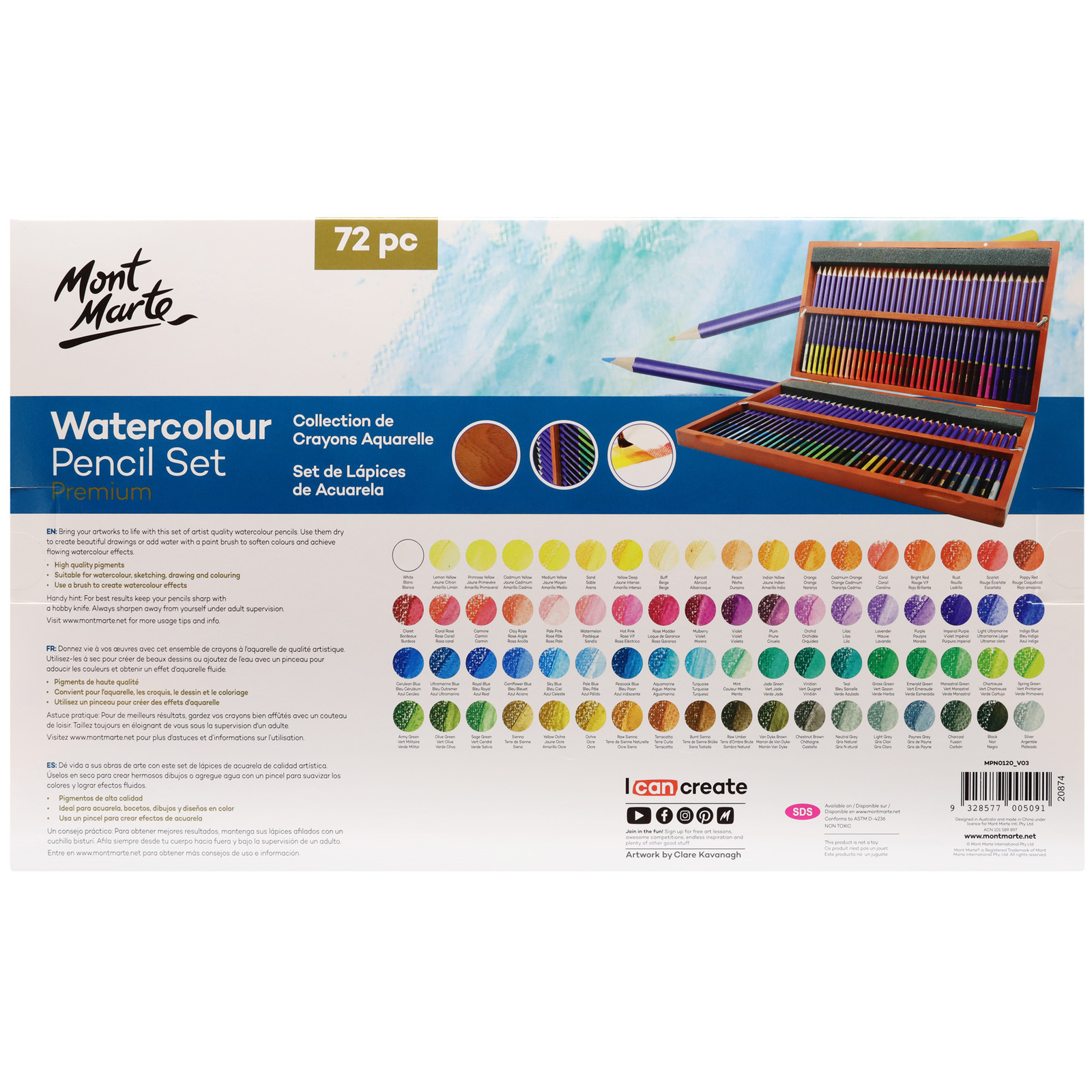 Mont Marte Premium Watercolour Pencils 72 Piece In Wooden Box