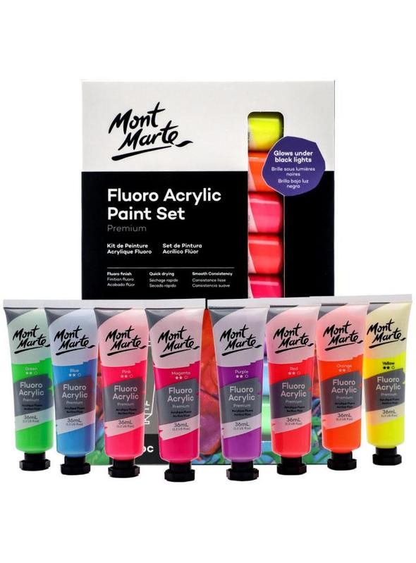 Mont Marte Premium Fluoro Acrylic Paint Set 8pc x 36ml Acrylic Paint Set
