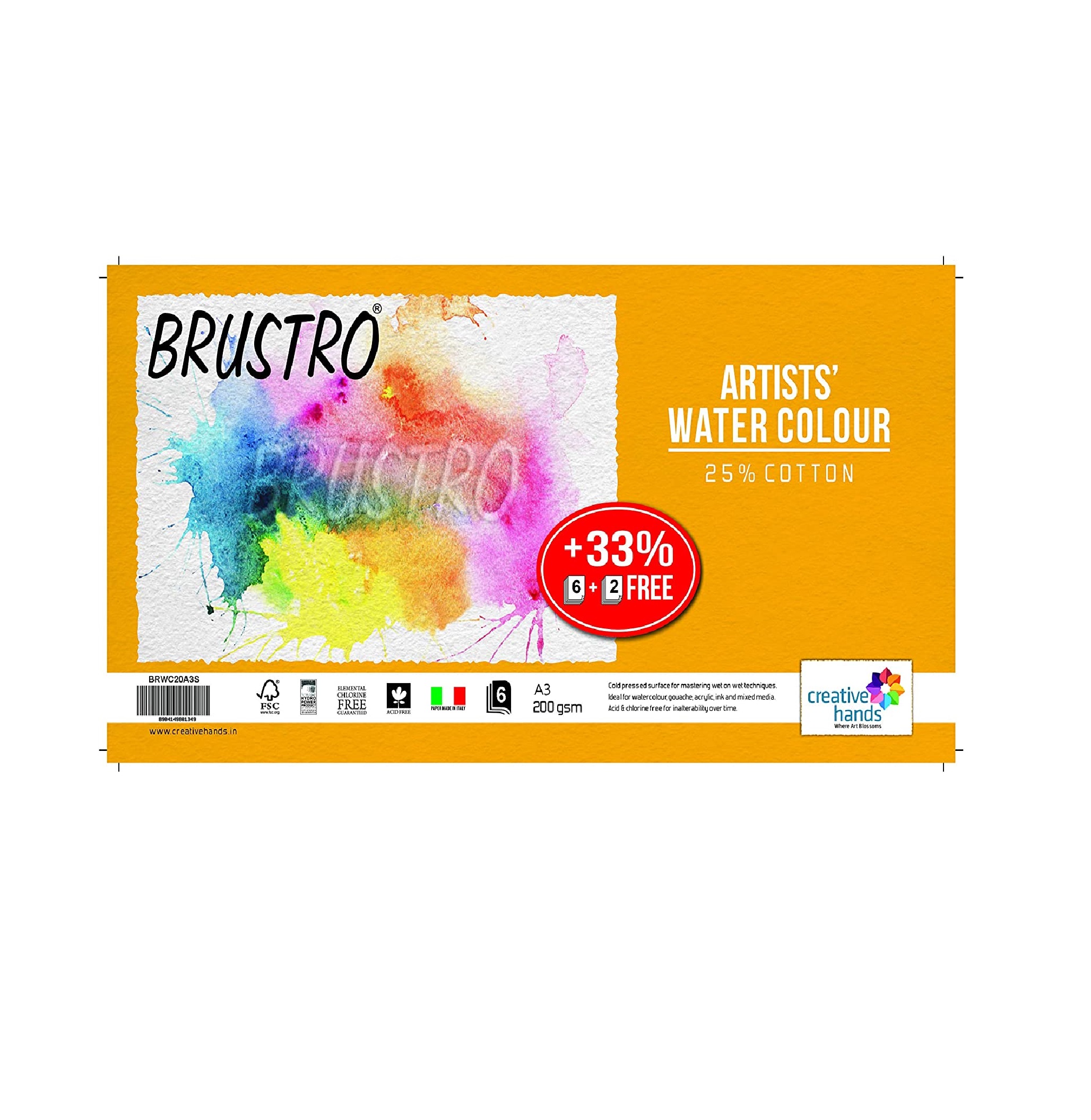Brustro Artists Watercolour Paper (25% Cotton) - 200 Gsm - A3