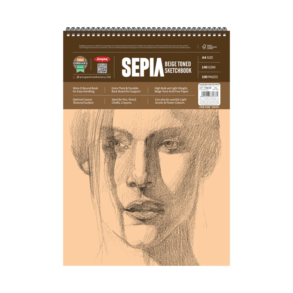 Anupam Sepia Soft Cover Wire-O Sketch / Drawing Book - 140GSM A4
