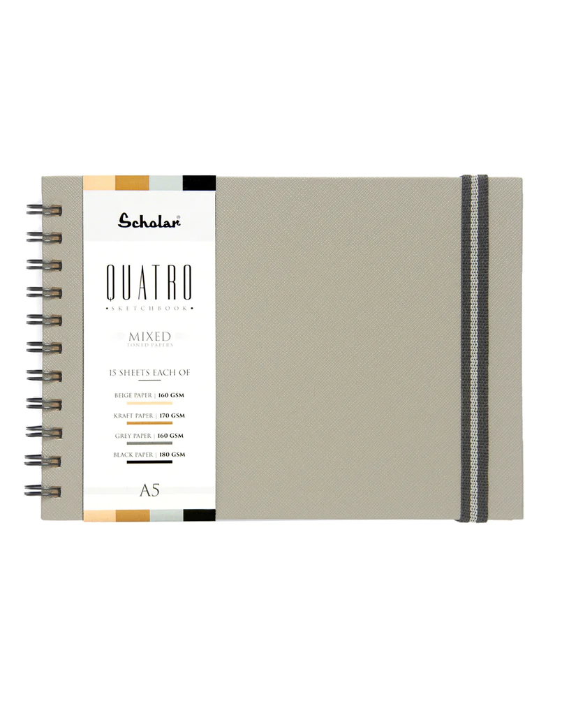 Scholar A5 Quatro SketchBook (4-IN-1 TONED SHEETS WITH KRAFT, BLACK, GREY, AND BEIGE PAPER)