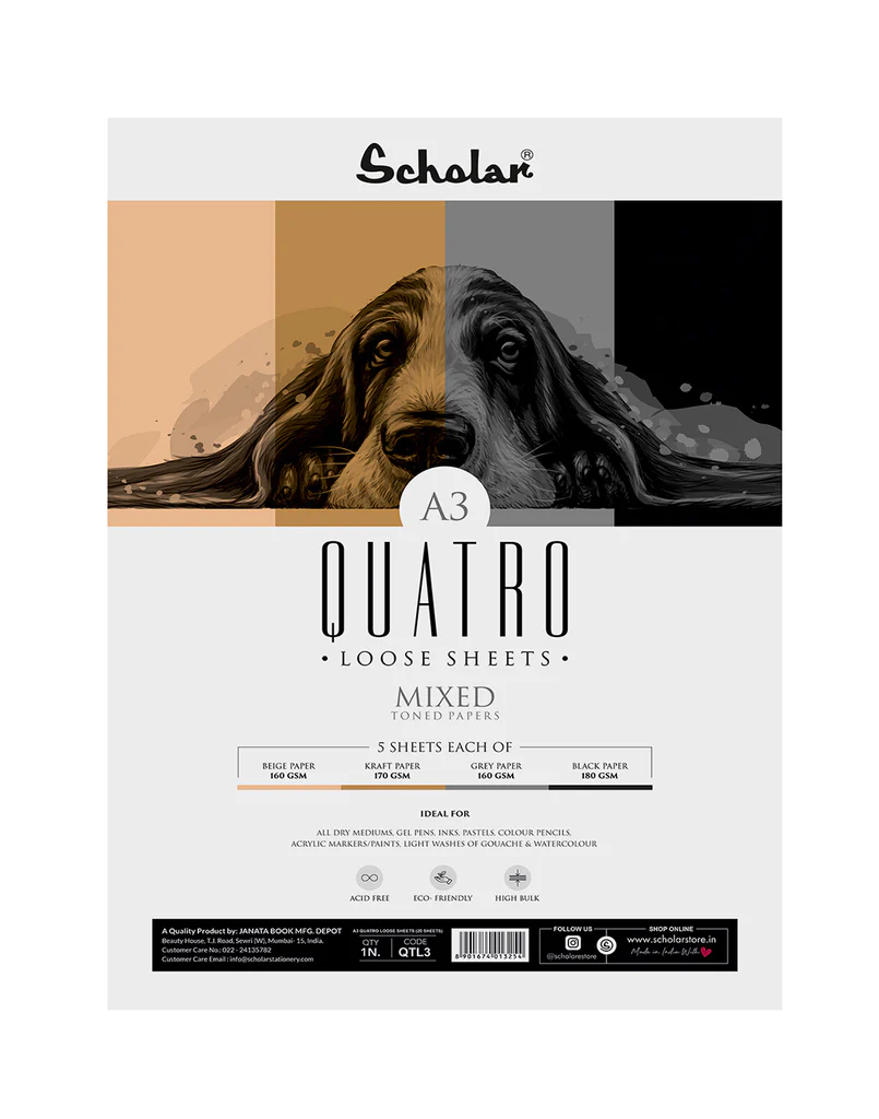 Scholar A3 Quatro Loose Sheets (4-In-1 Toned Sheets With Kraft, Black, Grey, And Beige Paper) (QTL3)