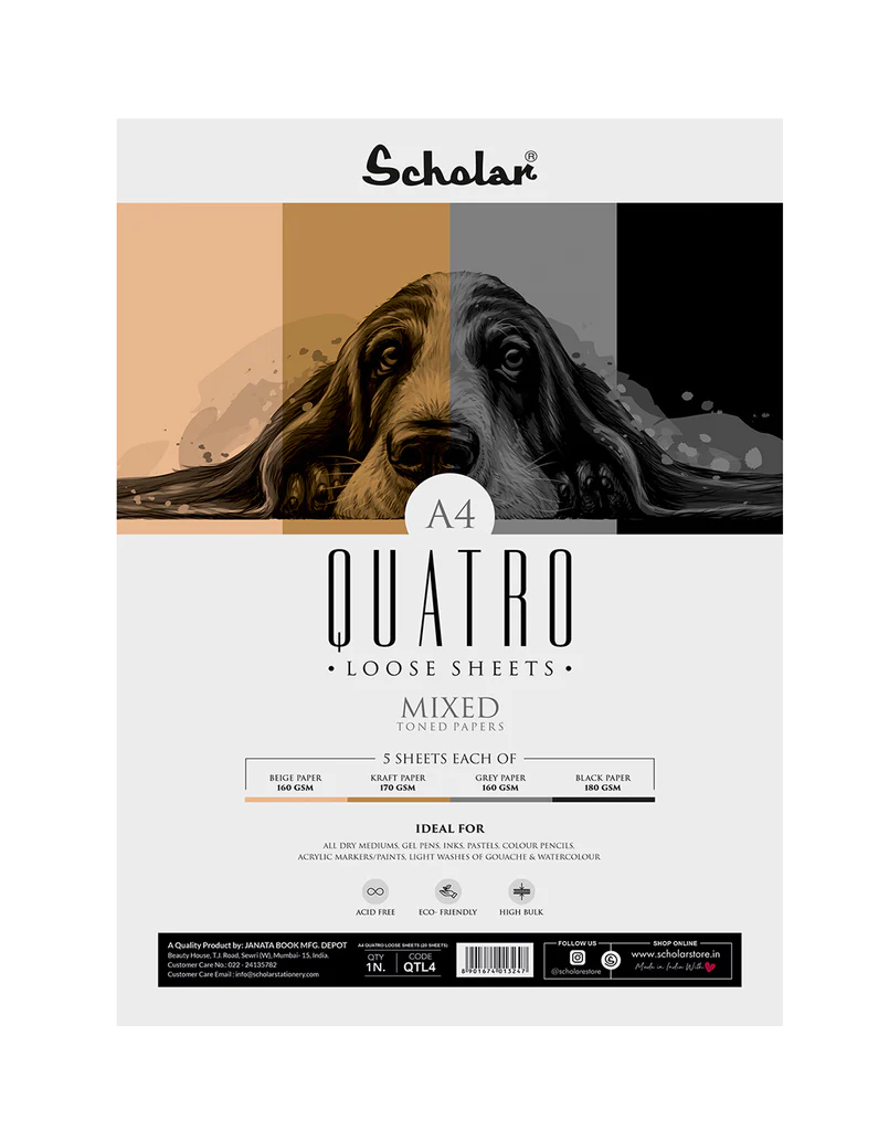 Scholar A4 Quatro Loose Sheets (4-In-1 Toned Sheets With Kraft, Black, Grey, And Beige Paper) (QTL4)