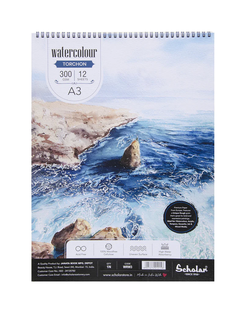 Scholar A3 WaterColor Pad Wired - Torchon (Rough) (300 GSM) (WRW3)