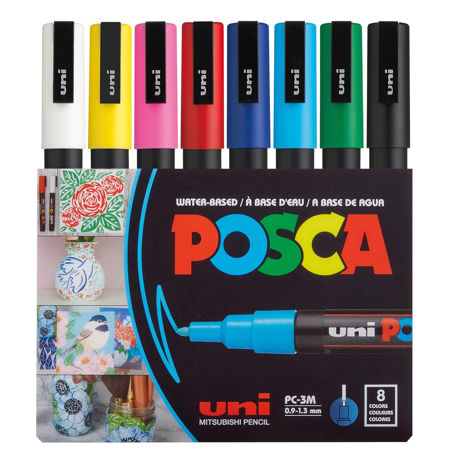 Uni-Ball Posca 3M 0.9-1.3mm Bullet Shaped Markers | Multicolour Ink | Pack Of 8