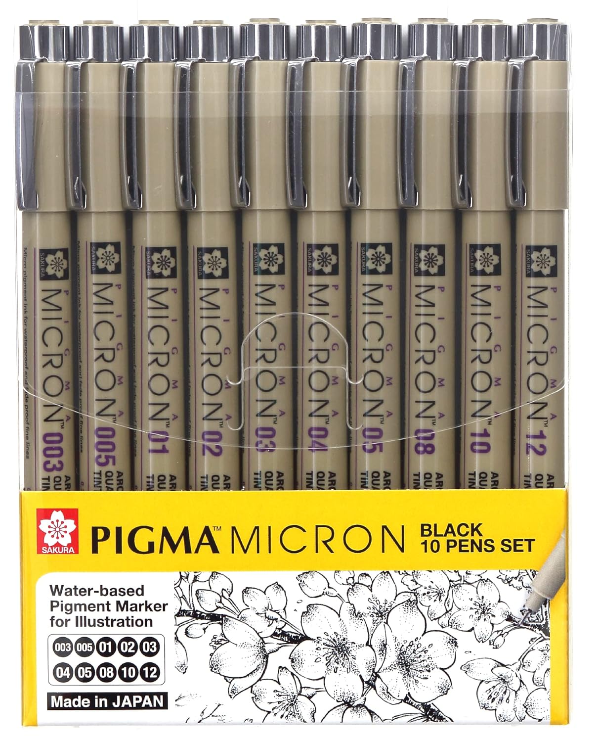 Sakura Pigma Micron fineliner Pen 10 Piece Black Ink Colour Drawing Set