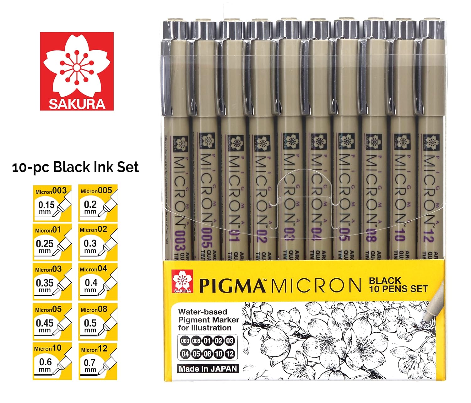 Sakura Pigma Micron fineliner Pen 10 Piece Black Ink Colour Drawing Set