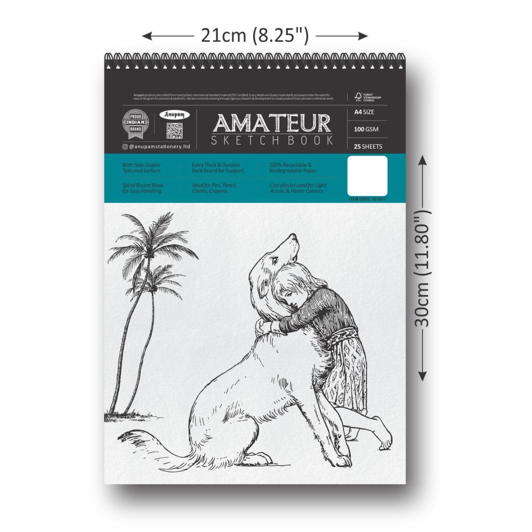 Anupam Amateur Sketch Book A4 (8.25 x 11.8") 100 GSM Natural Shade Medium Texture, Spiral Bound of 2