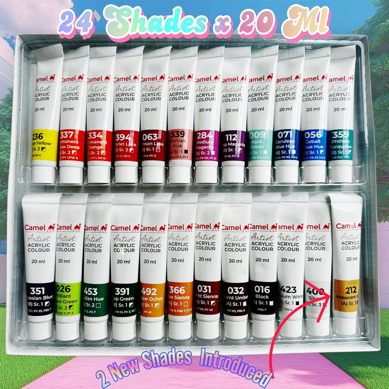 Camel Artist Acrylic Colours Set - 24 Vibrant Shades x 20ml Tubes | Professional Grade, High Pigment